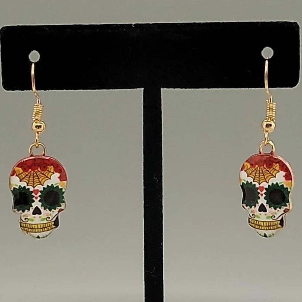 Colorful Sugar Skull Dangle Earrings, Halloween Jewelry